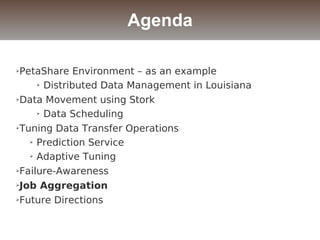 ➢PetaShare Environment – as an example
➢ Distributed Data Management in Louisiana
➢Data Movement using Stork
➢ Data Scheduling
➢Tuning Data Transfer Operations
➢ Prediction Service
➢ Adaptive Tuning
➢Failure-Awareness
➢Job Aggregation
➢Future Directions
Agenda
 