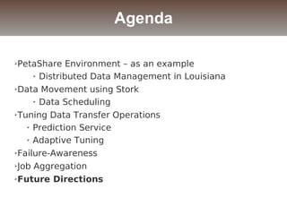 ➢PetaShare Environment – as an example
➢ Distributed Data Management in Louisiana
➢Data Movement using Stork
➢ Data Scheduling
➢Tuning Data Transfer Operations
➢ Prediction Service
➢ Adaptive Tuning
➢Failure-Awareness
➢Job Aggregation
➢Future Directions
Agenda
 