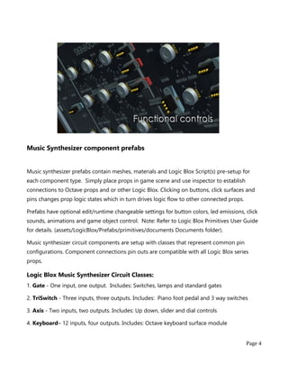 Music Synthesizer component prefabs
Music synthesizer prefabs contain meshes, materials and Logic Blox Script(s) pre-setup...