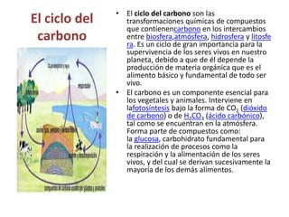 El ciclo del 
carbono 
• El ciclo del carbono son las 
transformaciones químicas de compuestos 
que contienencarbono en los intercambios 
entre biosfera,atmósfera, hidrosfera y litosfe 
ra. Es un ciclo de gran importancia para la 
supervivencia de los seres vivos en nuestro 
planeta, debido a que de él depende la 
producción de materia orgánica que es el 
alimento básico y fundamental de todo ser 
vivo. 
• El carbono es un componente esencial para 
los vegetales y animales. Interviene en 
lafotosíntesis bajo la forma de CO2 (dióxido 
de carbono) o de H2CO3 (ácido carbónico), 
tal como se encuentran en la atmósfera. 
Forma parte de compuestos como: 
la glucosa, carbohidrato fundamental para 
la realización de procesos como la 
respiración y la alimentación de los seres 
vivos, y del cual se derivan sucesivamente la 
mayoría de los demás alimentos. 
