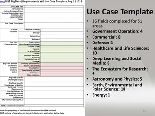 51 Detailed Use Cases: Contributed July-September 2013
Covers goals, data features such as 3 V’s, software, hardware
• htt...