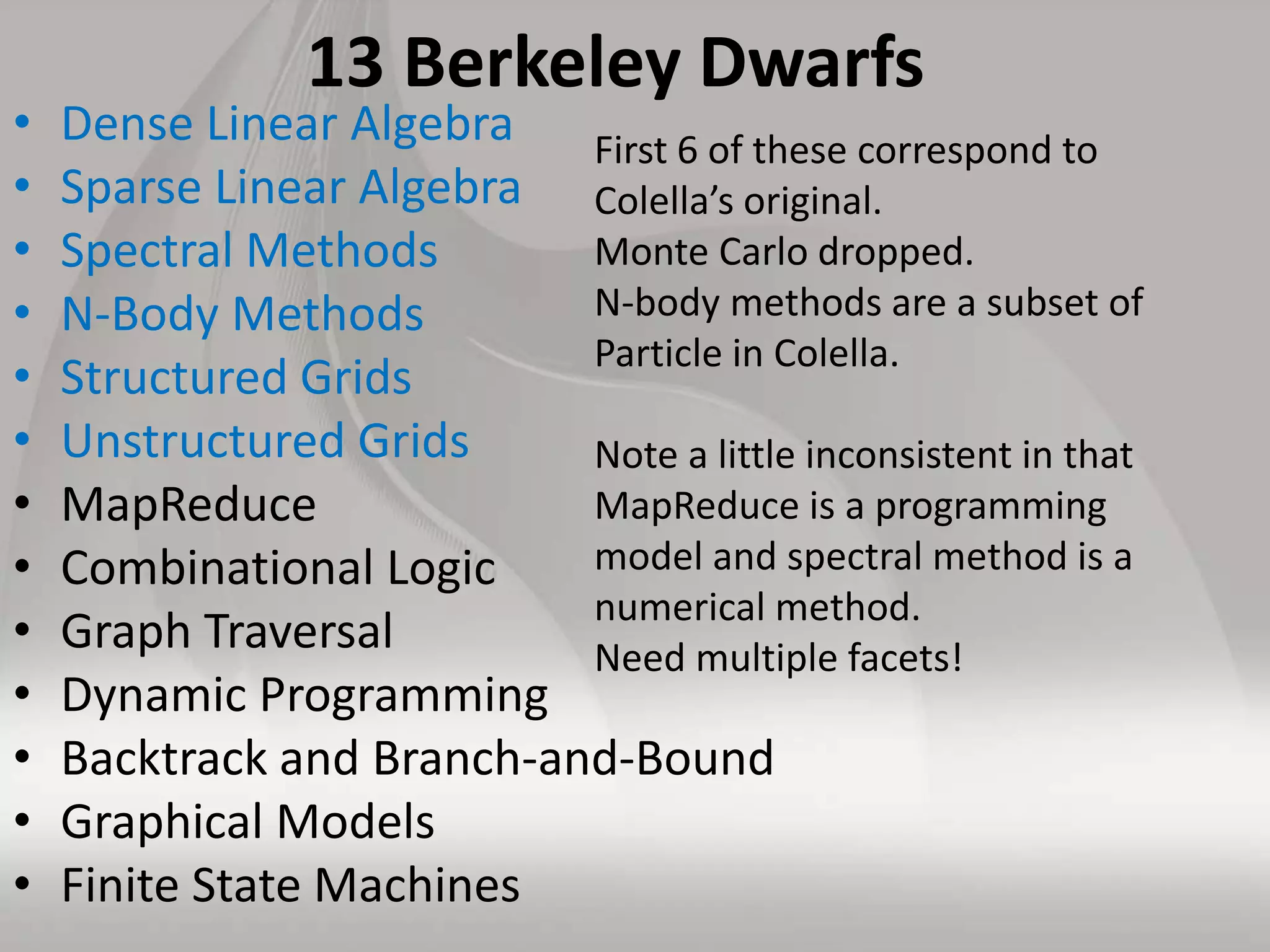 13 Berkeley Dwarfs
• Dense Linear Algebra
• Sparse Linear Algebra
• Spectral Methods
• N-Body Methods
• Structured Grids
• Unstructured Grids
• MapReduce
• Combinational Logic
• Graph Traversal
• Dynamic Programming
• Backtrack and Branch-and-Bound
• Graphical Models
• Finite State Machines
First 6 of these correspond to
Colella’s original.
Monte Carlo dropped.
N-body methods are a subset of
Particle in Colella.
Note a little inconsistent in that
MapReduce is a programming
model and spectral method is a
numerical method.
Need multiple facets!
 