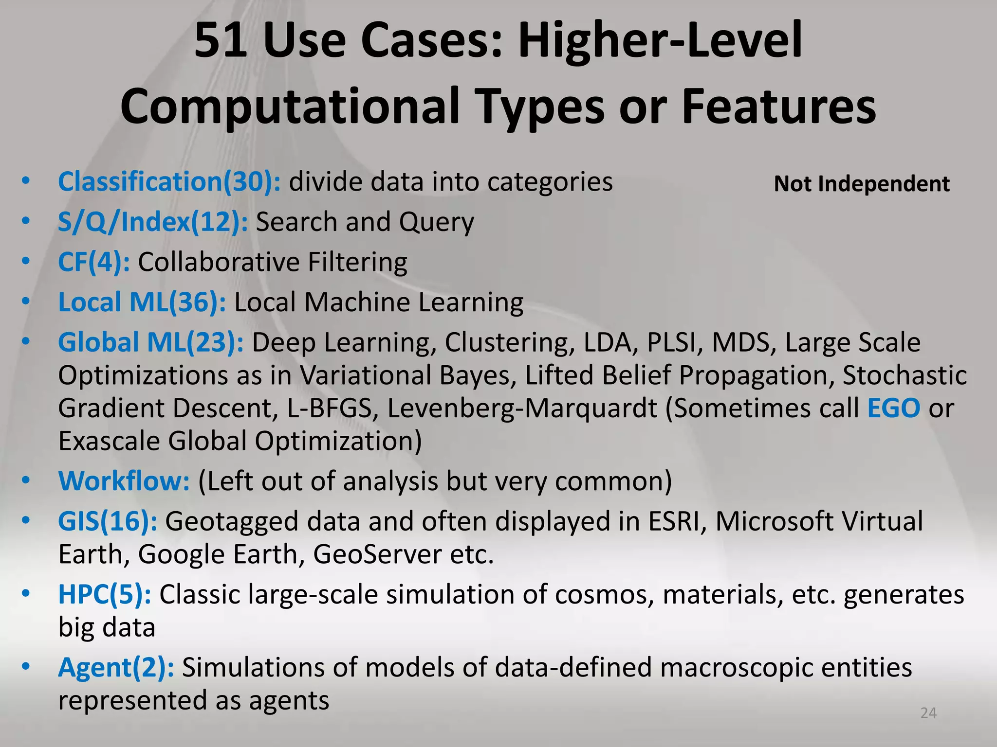 51 Use Cases: Higher-Level
Computational Types or Features
• Classification(30): divide data into categories
• S/Q/Index(12): Search and Query
• CF(4): Collaborative Filtering
• Local ML(36): Local Machine Learning
• Global ML(23): Deep Learning, Clustering, LDA, PLSI, MDS, Large Scale
Optimizations as in Variational Bayes, Lifted Belief Propagation, Stochastic
Gradient Descent, L-BFGS, Levenberg-Marquardt (Sometimes call EGO or
Exascale Global Optimization)
• Workflow: (Left out of analysis but very common)
• GIS(16): Geotagged data and often displayed in ESRI, Microsoft Virtual
Earth, Google Earth, GeoServer etc.
• HPC(5): Classic large-scale simulation of cosmos, materials, etc. generates
big data
• Agent(2): Simulations of models of data-defined macroscopic entities
represented as agents 24
Not Independent
 