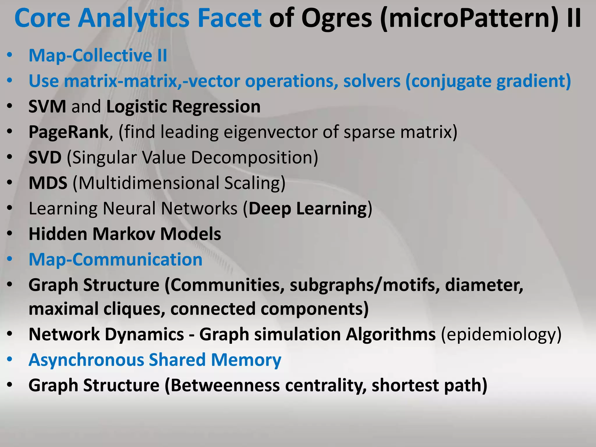 Core Analytics Facet of Ogres (microPattern) II
• Map-Collective II
• Use matrix-matrix,-vector operations, solvers (conjugate gradient)
• SVM and Logistic Regression
• PageRank, (find leading eigenvector of sparse matrix)
• SVD (Singular Value Decomposition)
• MDS (Multidimensional Scaling)
• Learning Neural Networks (Deep Learning)
• Hidden Markov Models
• Map-Communication
• Graph Structure (Communities, subgraphs/motifs, diameter,
maximal cliques, connected components)
• Network Dynamics - Graph simulation Algorithms (epidemiology)
• Asynchronous Shared Memory
• Graph Structure (Betweenness centrality, shortest path)
 