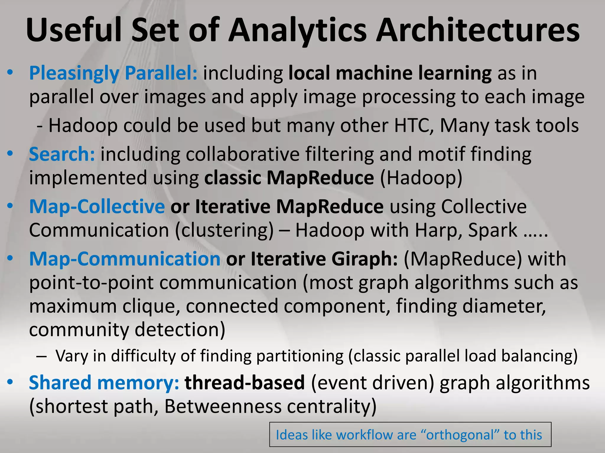 Useful Set of Analytics Architectures
• Pleasingly Parallel: including local machine learning as in
parallel over images and apply image processing to each image
- Hadoop could be used but many other HTC, Many task tools
• Search: including collaborative filtering and motif finding
implemented using classic MapReduce (Hadoop)
• Map-Collective or Iterative MapReduce using Collective
Communication (clustering) – Hadoop with Harp, Spark …..
• Map-Communication or Iterative Giraph: (MapReduce) with
point-to-point communication (most graph algorithms such as
maximum clique, connected component, finding diameter,
community detection)
– Vary in difficulty of finding partitioning (classic parallel load balancing)
• Shared memory: thread-based (event driven) graph algorithms
(shortest path, Betweenness centrality)
Ideas like workflow are “orthogonal” to this
 