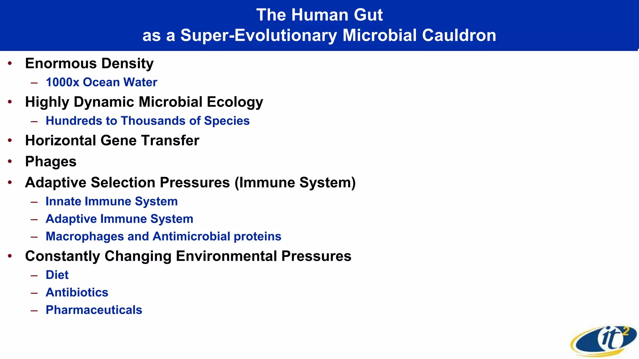 The Human Gut
as a Super-Evolutionary Microbial Cauldron
• Enormous Density
– 1000x Ocean Water
• Highly Dynamic Microbial Ecology
– Hundreds to Thousands of Species
• Horizontal Gene Transfer
• Phages
• Adaptive Selection Pressures (Immune System)
– Innate Immune System
– Adaptive Immune System
– Macrophages and Antimicrobial proteins
• Constantly Changing Environmental Pressures
– Diet
– Antibiotics
– Pharmaceuticals
 