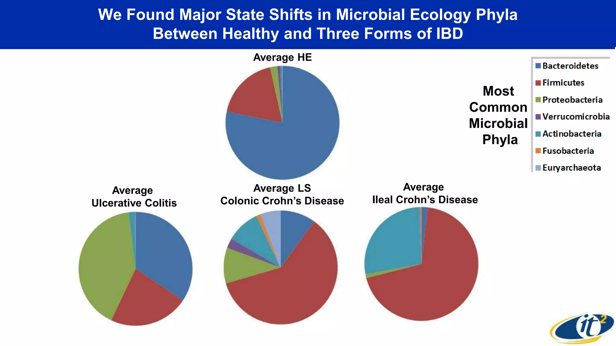 We Found Major State Shifts in Microbial Ecology Phyla
Between Healthy and Three Forms of IBD
Most
Common
Microbial
Phyla
Average HE
Average
Ulcerative Colitis
Average LS
Colonic Crohn’s Disease
Average
Ileal Crohn’s Disease
 