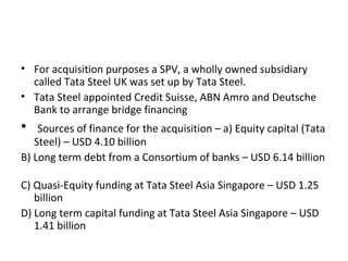 • For acquisition purposes a SPV, a wholly owned subsidiary
called Tata Steel UK was set up by Tata Steel.
• Tata Steel appointed Credit Suisse, ABN Amro and Deutsche
Bank to arrange bridge financing
• Sources of finance for the acquisition – a) Equity capital (Tata
Steel) – USD 4.10 billion
B) Long term debt from a Consortium of banks – USD 6.14 billion
C) Quasi-Equity funding at Tata Steel Asia Singapore – USD 1.25
billion
D) Long term capital funding at Tata Steel Asia Singapore – USD
1.41 billion
 