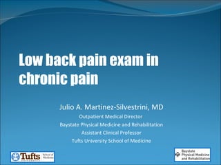 Low back pain exam in chronic pain Julio A. Martinez-Silvestrini, MD Outpatient Medical Director  Baystate Physical Medicine and Rehabilitation Assistant Clinical Professor Tufts University School of Medicine 