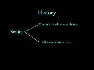 History
Setting
Time of day when worst/better
After strenuous activity
 
