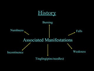 History
Associated Manifestations
Numbness
Tingling(pins/needles)
Burning
WeaknessIncontinence
Falls
 