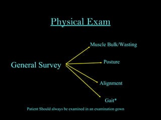 Physical Exam
General Survey
Muscle Bulk/Wasting
Posture
Alignment
Gait*
Patient Should always be examined in an examination gown
 