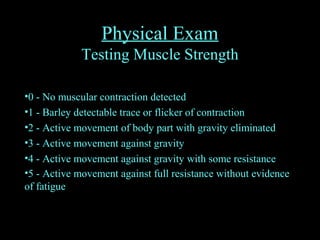 Physical Exam
Testing Muscle Strength
•0 - No muscular contraction detected
•1 - Barley detectable trace or flicker of contraction
•2 - Active movement of body part with gravity eliminated
•3 - Active movement against gravity
•4 - Active movement against gravity with some resistance
•5 - Active movement against full resistance without evidence
of fatigue
 