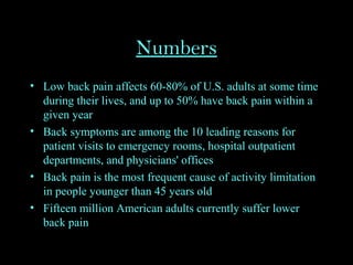 Numbers
• Low back pain affects 60-80% of U.S. adults at some time
during their lives, and up to 50% have back pain within a
given year
• Back symptoms are among the 10 leading reasons for
patient visits to emergency rooms, hospital outpatient
departments, and physicians' offices
• Back pain is the most frequent cause of activity limitation
in people younger than 45 years old
• Fifteen million American adults currently suffer lower
back pain
 