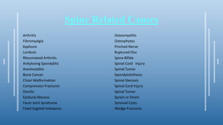 Spine Related Causes
Arthritis
Fibromyalgia
Kyphosis
Lordosis
Rheumatoid Arthritis
Ankylosing Spondylitis
Arachnoiditis
Bone Cancer
Chiari Malformation
Compression Fractures
Discitis
Epidural Abscess
Facet Joint Syndrome
Fixed Sagittal Imbalance
Osteomyelitis
Osteophytes
Pinched Nerve
Ruptured Disc
Spina Bifida
Spinal Cord Injury
Spinal Tumor
Spondylolisthesis
Spinal Stenosis
Spinal Cord Injury
Spinal Tumor
Sprain or Strain
Synovial Cysts
Wedge Fractures
 