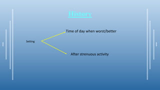 History
Setting
Time of day when worst/better
After strenuous activity
 
