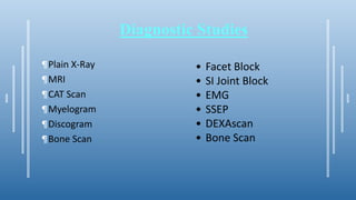 Diagnostic Studies
¶Plain X-Ray
¶MRI
¶CAT Scan
¶Myelogram
¶Discogram
¶Bone Scan
• Facet Block
• SI Joint Block
• EMG
• SSEP
• DEXAscan
• Bone Scan
 