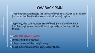 LOW BACK PAIN
Also known as lumbago (at times referred to as waist pain) is pain
(as name implies) in the lower back (lumbar) region.
Typically, the commonest area of back pain is the low back
(lumbar region) and sometimes it spreads to the buttocks or
thighs.
WHY THE LOWER BACK?
¶Lumbar region because:
¶It bears most of the body’s weight
¶Most movements of the spine occur there.
 