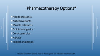 Pharmacotherapy Options*
¶Antidepressants
¶Anticonvulsants
¶Muscle relaxants
¶Opioid analgesics
¶Corticosteroids
¶NSAIDs
¶Topical analgesics
* Except for certain opioids, none of these agents are indicated for chronic LBP.
 