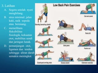 3. Latihan
A. Segera setelah nyeri
menghilang.
B. stres minimal: jalan
kaki, naik sepeda
atau berenang.
C. memelihara
fleksibilitas
fisiologik, kekuatan
otot, mobilitas sendi
dan jaringan lunak.
D. pemanjangan otot,
ligamen dan tendon
sehingga aliran darah
semakin meningkat.
 