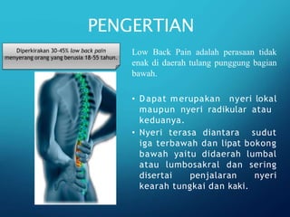 PENGERTIAN
Low Back Pain adalah perasaan tidak
enak di daerah tulang punggung bagian
bawah.
• D apat merupakan nyeri lokal
maupun nyeri radikular atau
keduanya.
• Nyeri terasa diantara sudut
iga terbawah dan lipat bokong
bawah yaitu didaerah lumbal
atau lumbosakral dan sering
disertai penjalaran nyeri
kearah tungkai dan kaki.
 