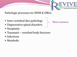 Pathologic processes inv SSNR & DRGs:
 Inter-vertebral disc pathology
 Degenerative spinal disorders
 Neoplastic
 Traumatic – vertebral body fractures
 Infections
 Metabolic
Most common
 