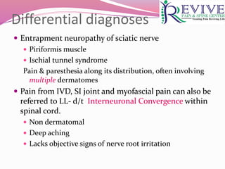 Differential diagnoses
 Entrapment neuropathy of sciatic nerve
 Piriformis muscle
 Ischial tunnel syndrome
Pain & paresthesia along its distribution, often involving
multiple dermatomes
 Pain from IVD, SI joint and myofascial pain can also be
referred to LL- d/t Interneuronal Convergence within
spinal cord.
 Non dermatomal
 Deep aching
 Lacks objective signs of nerve root irritation
 
