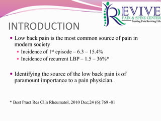 INTRODUCTION
 Low back pain is the most common source of pain in
modern society
 Incidence of 1st episode – 6.3 – 15.4%
 Incidence of recurrent LBP – 1.5 – 36%*
 Identifying the source of the low back pain is of
paramount importance to a pain physician.
* Best Pract Res Clin Rheumatol, 2010 Dec;24 (6):769 -81
 