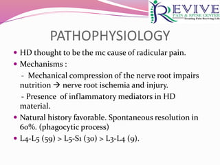 PATHOPHYSIOLOGY
 HD thought to be the mc cause of radicular pain.
 Mechanisms :
- Mechanical compression of the nerve root impairs
nutrition  nerve root ischemia and injury.
- Presence of inflammatory mediators in HD
material.
 Natural history favorable. Spontaneous resolution in
60%. (phagocytic process)
 L4-L5 (59) > L5-S1 (30) > L3-L4 (9).
 