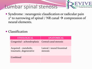 Lumbar spinal stenosis
 Syndrome : neurogenic claudication or radicular pain
2° to narrowing of spinal / NR canal  compression of
neural elements.
 Classification
ETIOLOGICAL ANATOMICAL
Congenital - achondroplasia Central canal stenosis
Acquired – metabolic,
traumatic, degenerative
Lateral / neural foraminal
stenosis
Combined
 