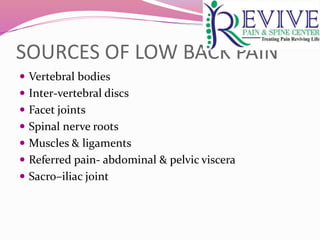 SOURCES OF LOW BACK PAIN
 Vertebral bodies
 Inter-vertebral discs
 Facet joints
 Spinal nerve roots
 Muscles & ligaments
 Referred pain- abdominal & pelvic viscera
 Sacro–iliac joint
 