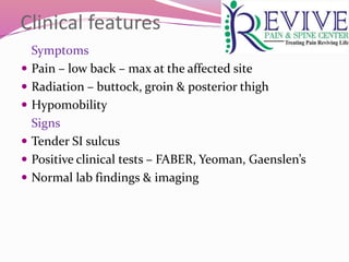 Clinical features
Symptoms
 Pain – low back – max at the affected site
 Radiation – buttock, groin & posterior thigh
 Hypomobility
Signs
 Tender SI sulcus
 Positive clinical tests – FABER, Yeoman, Gaenslen’s
 Normal lab findings & imaging
 