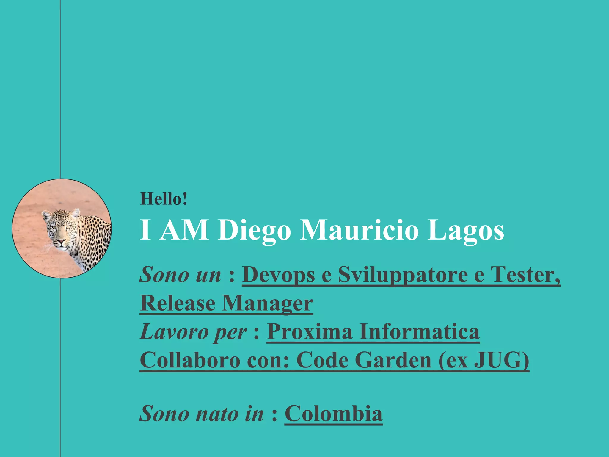 Hello!
I AM Diego Mauricio Lagos
Sono un : Devops e Sviluppatore e Tester,
Release Manager
Lavoro per : Proxima Informatica
Collaboro con: Code Garden (ex JUG)
Sono nato in : Colombia
 