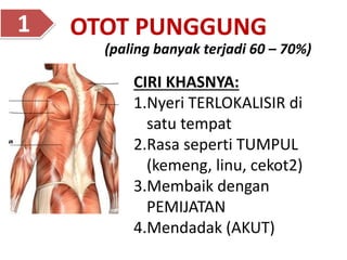 OTOT PUNGGUNG
1
CIRI KHASNYA:
1.Nyeri TERLOKALISIR di
satu tempat
2.Rasa seperti TUMPUL
(kemeng, linu, cekot2)
3.Membaik dengan
PEMIJATAN
4.Mendadak (AKUT)
(paling banyak terjadi 60 – 70%)
 