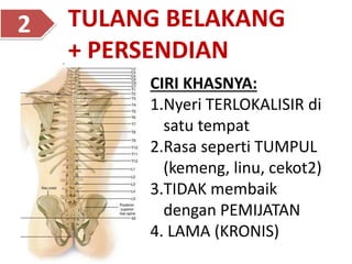 TULANG BELAKANG
+ PERSENDIAN
2
CIRI KHASNYA:
1.Nyeri TERLOKALISIR di
satu tempat
2.Rasa seperti TUMPUL
(kemeng, linu, cekot2)
3.TIDAK membaik
dengan PEMIJATAN
4. LAMA (KRONIS)
 