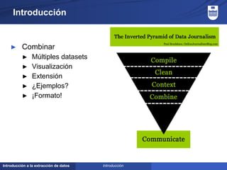 Introducción a la extracción de datos
Introducción
► Combinar
► Múltiples datasets
► Visualización
► Extensión
► ¿Ejemplos?
► ¡Formato!
Introducción
 