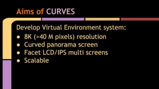 Develop Virtual Environment system:
● 8K (>40 M pixels) resolution
● Curved panorama screen
● Facet LCD/IPS multi screens
● Scalable
Aims of CURVES
 