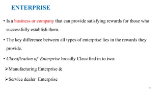 ENTERPRISE
• Is a business or company that can provide satisfying rewards for those who
successfully establish them.
• The key difference between all types of enterprise lies in the rewards they
provide.
• Classification of Enterprise broadly Classified in to two:
Manufacturing Enterprise &
Service dealer Enterprise
20
 