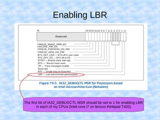 Enabling LBR
The first bit of IA32_DEBUGCTL MSR should be set to 1 for enabling LBR
in each of my CPUs (Intel core i7 on lenovo thinkpad T420)
 