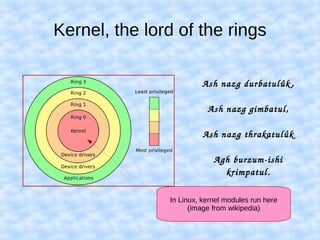 Kernel, the lord of the rings
Ash nazg durbatulûk ,
Ash nazg gimbatul,
Ash nazg thrakatulûk
Agh burzum­ishi 
krimpatul.
In Linux, kernel modules run here
(image from wikipedia)
 