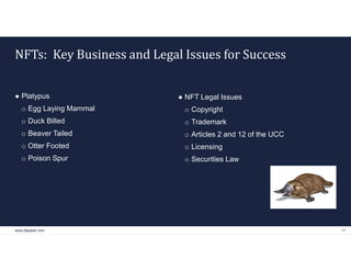 www.dlapiper.com 11
NFTs: Key Business and Legal Issues for Success
● Platypus
o Egg Laying Mammal
o Duck Billed
o Beaver ...