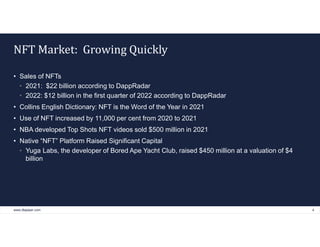 www.dlapiper.com 4
NFT Market: Growing Quickly
• Sales of NFTs
• 2021: $22 billion according to DappRadar
• 2022: $12 bill...