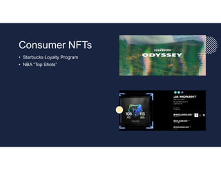 Consumer NFTs
• Starbucks Loyalty Program
• NBA “Top Shots”
 