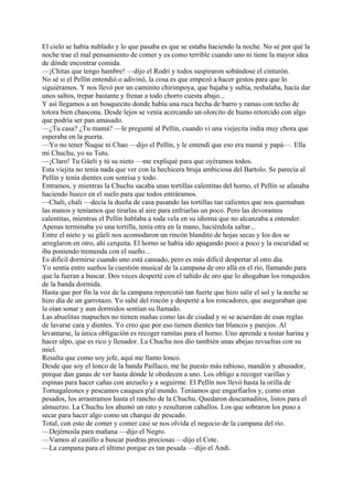 El cielo se había nublado y lo que pasaba es que se estaba haciendo la noche. No sé por qué la
noche trae el mal pensamiento de comer y es como terrible cuando uno ni tiene la mayor idea
de dónde encontrar comida.
—¡Chitas que tengo hambre! —dijo el Rodri y todos suspiraron sobándose el cinturón.
No sé si el Pellín entendió o adivinó, la cosa es que empezó a hacer gestos para que lo
siguiéramos. Y nos llevó por un caminito chirimpoya, que bajaba y subía, resbalaba, hacía dar
unos saltos, trepar bastante y frenar a todo chorro cuesta abajo...
Y así llegamos a un bosquecito donde había una ruca hecha de barro y ramas con techo de
totora bien chascona. Desde lejos se venía acercando un olorcito de humo retorcido con algo
que podría ser pan amasado.
—¿Tu casa? ¿Tu mamá? —le pregunté al Pellín, cuando vi una viejecita india muy chora que
esperaba en la puerta.
—Yo no tener Ñuque ni Chao —dijo el Pellín, y le entendí que eso era mamá y papá—. Ella
mi Chuchu, yo su Tutu.
—¡Claro! Tu Güeli y tú su nieto —me expliqué para que oyéramos todos.
Esta viejita no tenía nada que ver con la hechicera bruja ambiciosa del Bartolo. Se parecía al
Pellín y tenía dientes con sonrisa y todo.
Entramos, y mientras la Chuchu sacaba unas tortillas calentitas del horno, el Pellín se afanaba
haciendo hueco en el suelo para que todos entráramos.
—Chali, chali —decía la dueña de casa pasando las tortillas tan calientes que nos quemaban
las manos y teníamos que tirarlas al aire para enfriarlas un poco. Pero las devoramos
calentitas, mientras el Pellín hablaba a toda vela en su idioma que no alcanzaba a entender.
Apenas terminaba yo una tortilla, tenía otra en la mano, haciéndola saltar...
Entre el nieto y su güeli nos acomodaron un rincón blandito de hojas secas y los dos se
arreglaron en otro, ahí cerquita. El horno se había ido apagando poco a poco y la oscuridad se
iba poniendo tremenda con el sueño...
Es difícil dormirse cuando uno está cansado, pero es más difícil despertar al otro día.
Yo sentía entre sueños la cuestión musical de la campana de oro allá en el río, llamando para
que la fueran a buscar. Dos veces desperté con el tañido de oro que lo ahogaban los ronquidos
de la banda dormida.
Hasta que por fin la voz de la campana repercutió tan fuerte que hizo salir el sol y la noche se
hizo día de un garrotazo. Yo salté del rincón y desperté a los roncadores, que aseguraban que
la oían sonar y aun dormidos sentían su llamado.
Las abuelitas mapuches no tienen mañas como las de ciudad y ni se acuerdan de esas reglas
de lavarse cara y dientes. Yo creo que por eso tienen dientes tan blancos y parejos. Al
levantarse, la única obligación es recoger ramitas para el horno. Uno aprende a tostar harina y
hacer ulpo, que es rico y llenador. La Chuchu nos dio también unas abejas revueltas con su
miel.
Resulta que como soy jefe, aquí me llamo lonco.
Desde que soy el lonco de la banda Paillaco, me he puesto más rabioso, mandón y abusador,
porque dan ganas de ver hasta dónde le obedecen a uno. Los obligo a recoger varillas y
espinas para hacer cañas con anzuelo y a seguirme. El Pellín nos llevó hasta la orilla de
Tornagaleones y pescamos cauques p'al mundo. Teníamos que engarfiarlos y, como eran
pesados, los arrastramos hasta el rancho de la Chuchu. Quedaron descamaditos, listos para el
almuerzo. La Chuchu los ahumó un rato y resultaron caballos. Los que sobraron los puso a
secar para hacer algo como un charqui de pescado.
Total, con esto de comer y comer casi se nos olvida el negocio de la campana del río.
—Dejémosla para mañana —dijo el Negro.
—Vamos al castillo a buscar piedras preciosas —dijo el Cote.
—La campana para el último porque es tan pesada —dijo el Andi.
 