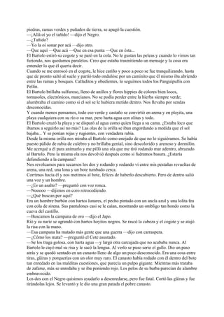 piedras, ramas verdes y puñados de tierra, se apagó la cuestión.
—¡Allá oí yo el tañido! —dijo el Negro.
—¿Tañido?
—Yo la oí sonar por acá —dijo otro.
—Que aquí —Que acá —Que en esa punta —Que en ésta...
El Bartolo estiró su cogote y se paró en la cola. No le gustan las peleas y cuando lo vimos tan
furiondo, nos quedamos paralelos. Creo que estaba trasmitiendo un mensaje y la cosa era
entender lo que él quería decir.
Cuando se me enroscó en el cogote, le hice cariño y poco a poco se fue tranquilizando, hasta
que de pronto saltó al suelo y partió todo ondulóse por un caminito que él mismo iba abriendo
entre las ramas y bosques. Calladitos y obedientes, lo seguimos todos los Panguipullis con
Pellín.
El Bartolo brillaba sulfuroso, lleno de anillos y flores hippies de colores bien locos,
tornasoles, electrónicos, marcianos. No se podía perder entre la hierba siempre verde;
alumbraba el camino como si el sol se le hubiera metido dentro. Nos llevaba por sendas
desconocidas.
Y cuando menos pensamos, todo eso verde y castaño se convirtió en arena y en playita, una
playa cualquiera con su río o su mar, pero harta agua con olitas y todo.
El Bartolo cruzó la playa y se disparó al agua como quien llega a su cama. ¿Estaba loco que
íbamos a seguirlo así no más? Las olas de la orilla se iban engordando a medida que el sol
bajaba... Y se ponían rojas y rugientes, con verdadera rabia.
Desde la misma orilla nos miraba el Bartolo como enojado de que no lo siguiéramos. Se había
puesto pálido de rabia de culebro y no brillaba genial, sino descolorido y arenoso y dormilón.
Me acerqué a él para animarlo y me pilló una ola que me tiró rodando mar adentro, abrazado
al Bartolo. Pero la misma ola nos devolvió después como si fuéramos basura. ¿Estaría
defendiendo a la campana?
Nos revolcamos para secarnos los dos y rodando y rodando vi entre mis pestañas revueltas de
arena, una red, una lona y un bote tumbado cerca.
Corrimos hacia él y nos metimos al bote, felices de haberlo descubierto. Pero de dentro salió
una voz y un hombre.
—¿Es un asalto? —preguntó con voz ronca.
—Nooooo —dijimos en coro retrocediendo.
—¿Qué buscan por aquí?
Era un hombre barbón con hartos lunares, el pecho pintado con un ancla azul y una lolita fea
con cola de sirena. Sus pantalones casi se le caían, mostrando un ombligo tan hondo como la
cueva del castillo.
—Buscamos la campana de oro —dijo el Japo.
Rió y su nariz se agrandó con hartos hoyitos negros. Se rascó la cabeza y el cogote y se atajó
la risa con la mano.
—Esa campana ha matado más gente que una guerra —dijo con carraspera.
—¿Cómo los mata? —preguntó el Cote asustado.
—Se los traga golosa, con harta agua —y largó otra carcajada que no acababa nunca. Al
Bartolo le cayó mal su risa y le sacó la lengua. Al verlo se puso serio el gallo. Dio un paso
atrás y se quedó sentado en un canasto lleno de algo un poco desconocido. Era una cosa entre
tiras, güiras y porquerías con un olor muy raro. El canasto había rodado con él dentro del bote
tan enredado en las malditas cuestiones, que parecía un pulpo gigante. Mientras más trataba
de zafarse, más se enredaba y se iba poniendo rojo. Los pelos de su barba parecían de alambre
embravecido.
Los dos con el Negro quisimos ayudarlo a desenredarse, pero fue fatal. Cortó las güiras y fue
tirándolas lejos. Se levantó y le dio una gran patada el pobre canasto.
 