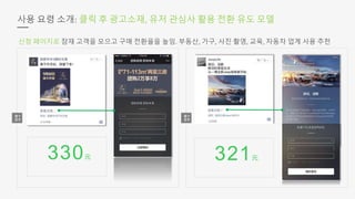 321元330元
사용 요령 소개: 클릭 후 광고소재, 유저 관심사 활용 전환 유도 모델
신청 페이지로 잠재 고객을 모으고 구매 전환율을 높임. 부동산, 가구, 사진 촬영, 교육, 자동차 업계 사용 추천
 
