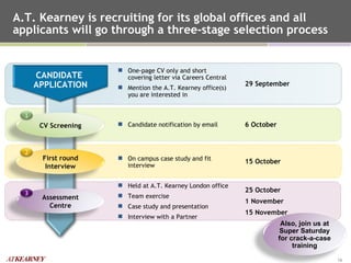 A.T. Kearney is recruiting for its global offices and all applicants will go through a three-stage selection process Candidate notification by email 6 October On campus case study and fit interview 15 October 29 September One-page CV only and short covering letter via Careers Central Mention the A.T. Kearney  office(s)  you are interested in 25 October 1 November 15 November Held at A.T. Kearney London office Team exercise Case study and presentation Interview with a Partner CANDIDATE  APPLICATION CV Screening 1 First round Interview 2 Assessment Centre 3 Also, join us at Super Saturday for crack-a-case training 