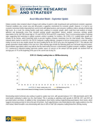 September 1st, 20171
Asset Allocation Model – September Update
Global economic data remained robust in August and continue to point to solid, broad-based and synchronized economic expansion.
Financial conditions also remain easy and still provide a supportive environment for economic growth. However, it is hard to see
economic momentum further improving from current levels with global business and consumer confidence indices already at historically
high levels. As a result, the coming months could mark a plateau in economic growth, which could then lead analysts to temper
optimism and downwardly revise their elevated earnings growth expectations. Indeed, analysts’ consensus earnings growth
expectations for the S&P 500 remain high at 11% and 9.9% for 2018 and 2019, respectively. There is an increasing number of warning
signs suggesting that momentum in global economic activity is peaking. For instance, the ECRI’s U.S. Leading Index growth rate
remains on the decline, which historically tends to precede negative economic momentum (see the chart below). Also, following a
rebound which started in mid-2016, the OECD Composite Leading Indicator, designed to forecast turning points in economic activity
relative to trend six to nine months ahead, has been trending flat for the OECD area since the beginning of 2017. This indicates that
growth momentum should stabilize in the near term. Other warning signs include the flattening yield curve and weak long-term market-
based inflation expectations which may indicate that the bond market foresees a deterioration in global economic conditions. Sluggish
U.S. commercial & industrial lending represents another source of concern as the annual C&I loan growth rate declined from an
average pace of 7% at the beginning of the year to the current rate of only 2%.
Deteriorating market technicals also continue to point to caution near term, with spreads between CCC / BB-rated bonds and B / BB-
rated bonds continuing to widen (see the chart below). This is worrying as widening credit spreads in 2007-08, 2011 and 2015 all
preceded market corrections. In addition to that, strong balance sheet stocks continue outperforming weak balance sheet stocks, which
suggests increasing aversion to risk on the part of investors. Such outperformance also historically precedes equity weakness (see the
chart below). Market breadth is also deteriorating with close to 40% of S&P 500 companies trading below their 200-day moving
 