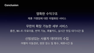 Conclusion
명확한 수익구조
!
제휴 가맹점에 대한 차별화된 서비스
!
무한히 확장 가능한 세부 서비스
!
충전, Wi-Fi 무료이용, 번역 기능, 후불카드, 실시간 맛집 대기시간 등
!
신빙성있는 사용자 데이터의 수집
!
여행자 이동경로, 방문 장소 및 횟수, 체류시간 등
 
