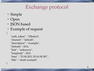 Exchange protocol
    ●   Simple
    ●   Open
    ●   JSON based
    ●   Example of request
{
        "auth_token" : "22ba...